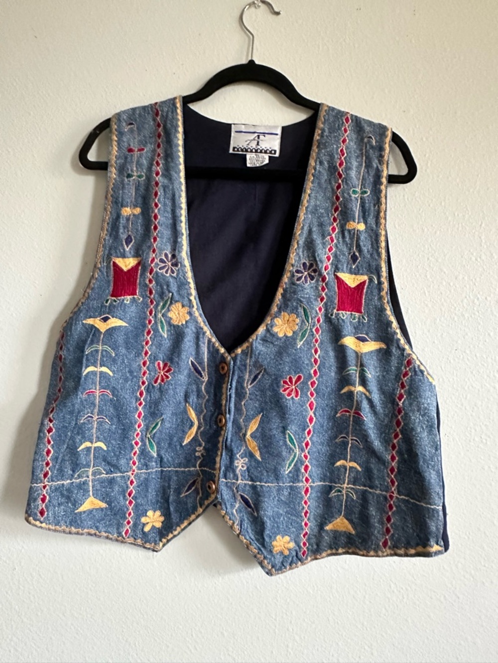 Embroidered Denim Vest - Blue with Multicolor Floral Accents by Anonymousβ